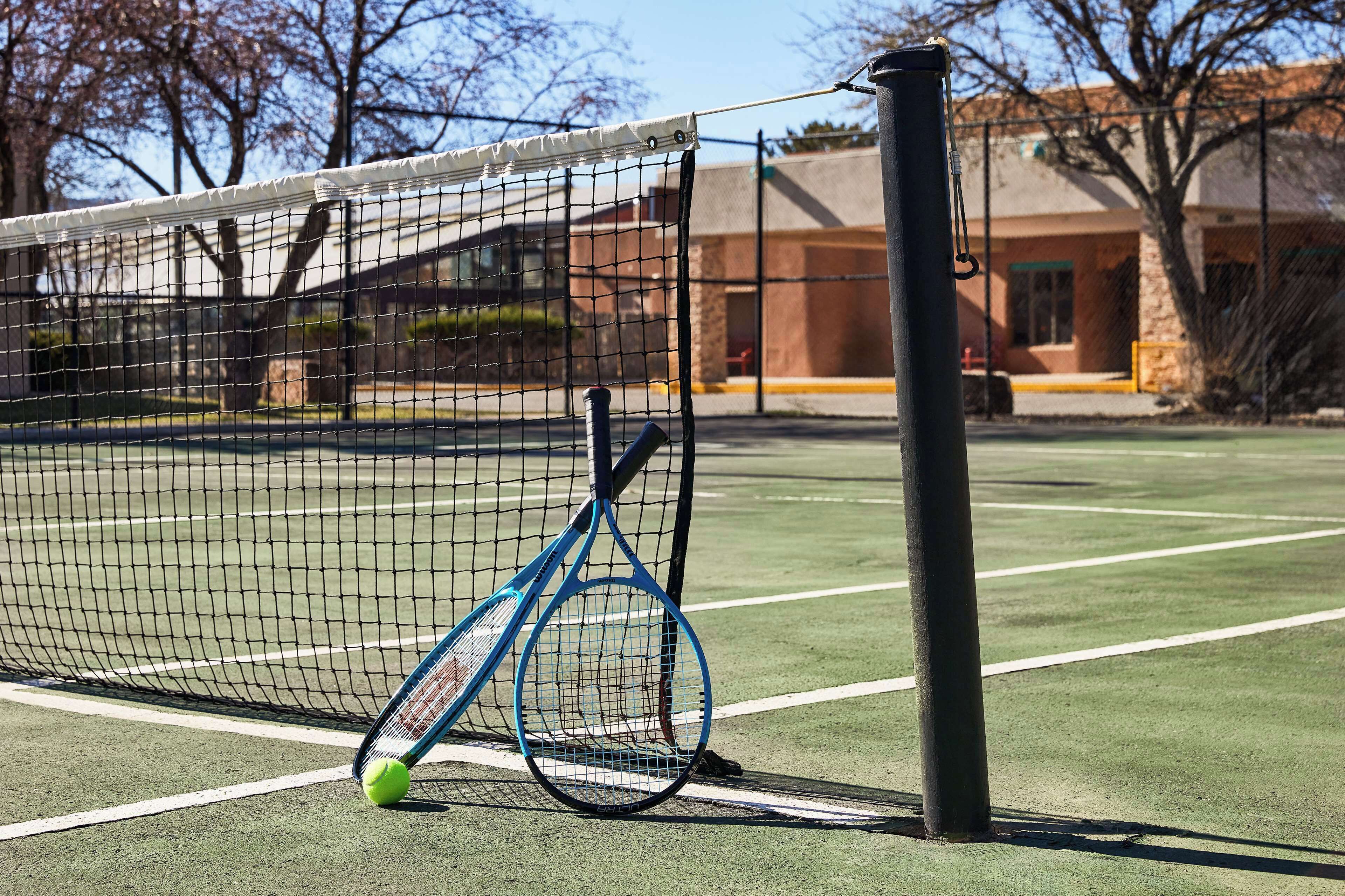A tennis court with a net, a tennis racket leaning against it, and a tennis ball on the ground.