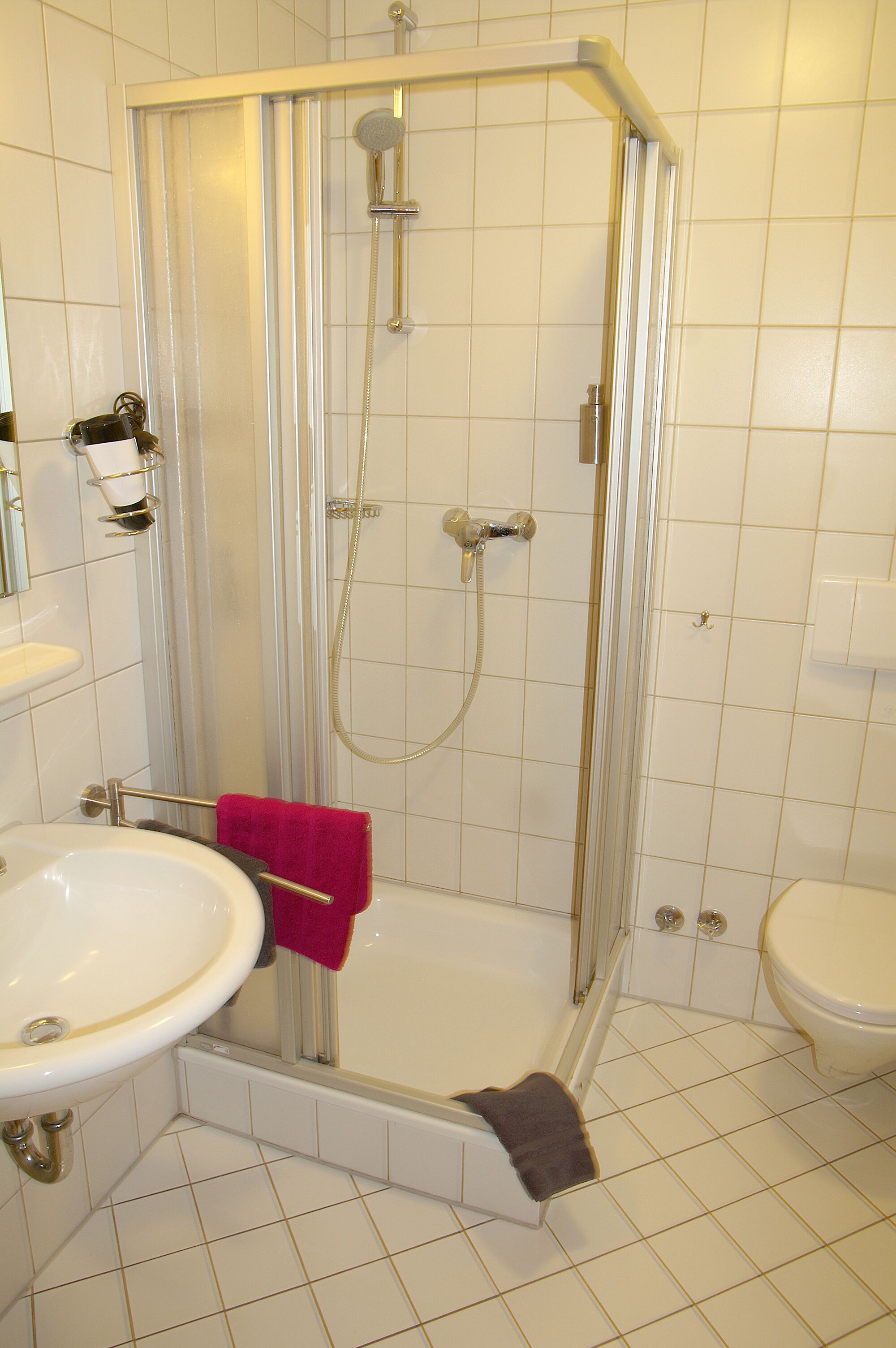 Une salle de bain avec une douche à parois de verre, un lavabo et des toilettes.