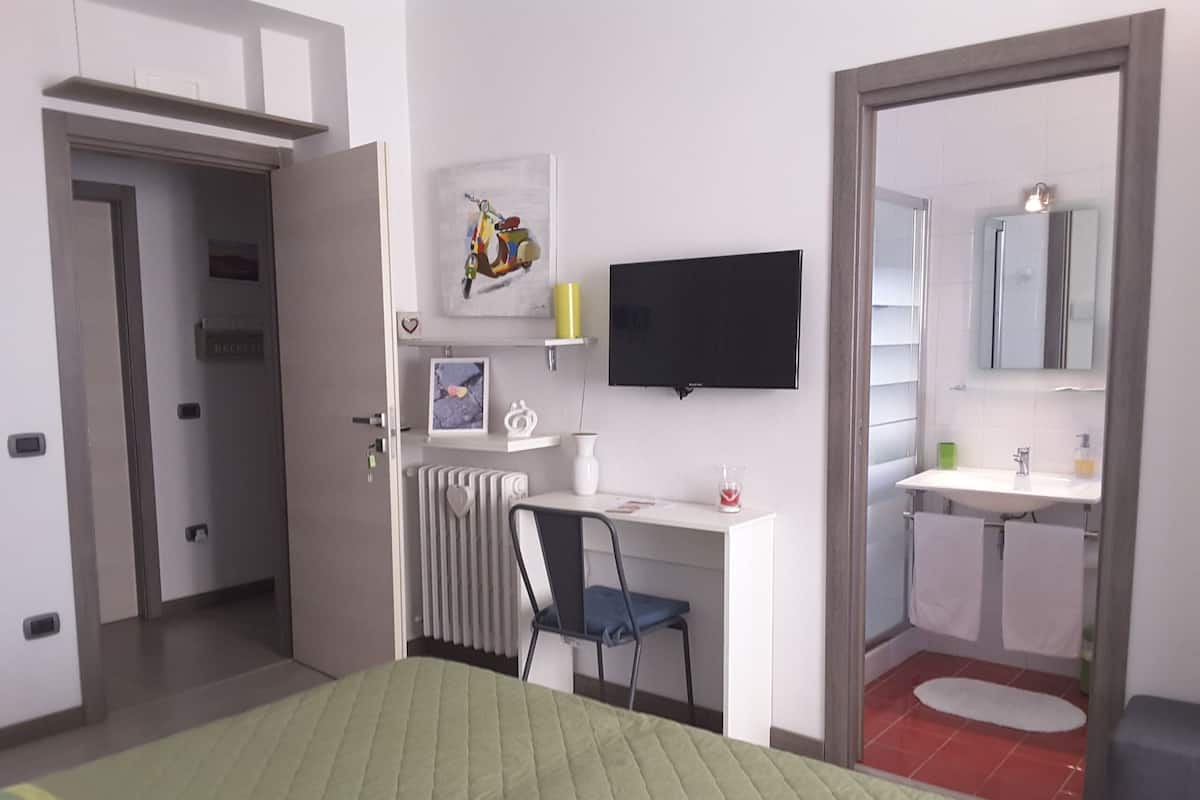 Une chambre d’hôtel comprenant un lit, un bureau avec une chaise, une télévision, un radiateur, un miroir et une salle de bain avec un lavabo et des toilettes.