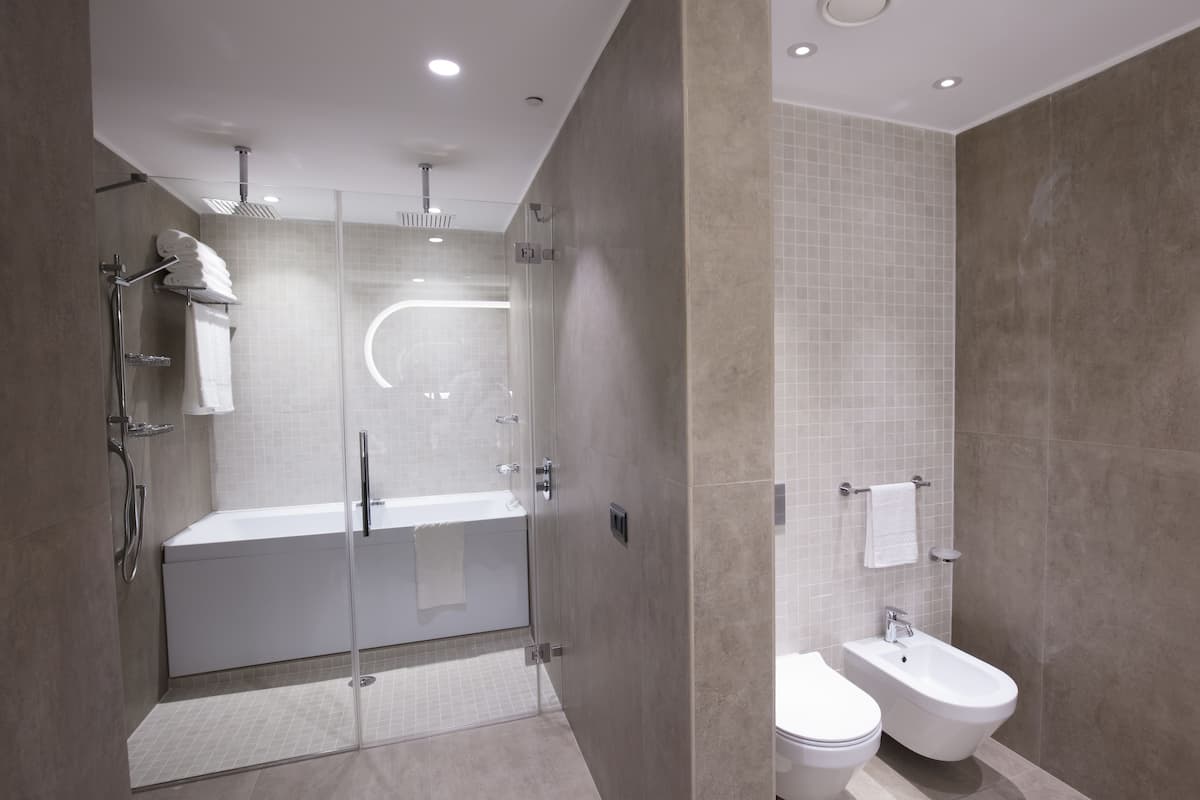 deluxe suite, 1 king bed | bathroom | combined shower/bathtub, free toiletries, hair dryer, slippers