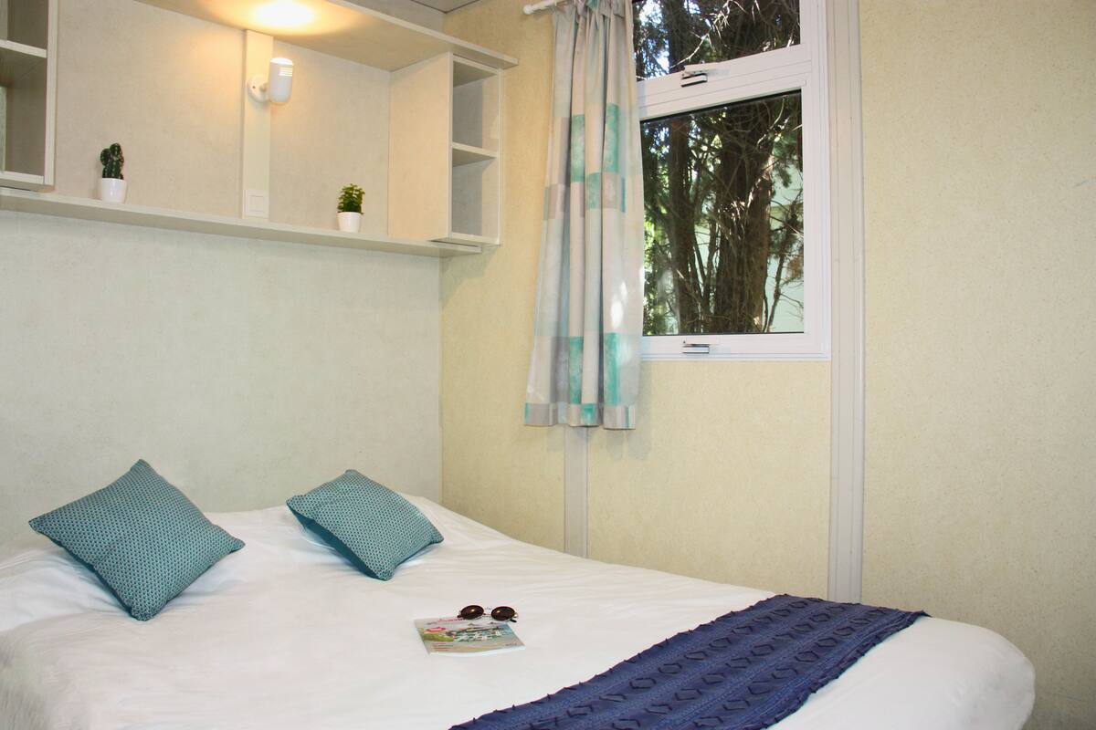 A neatly made bed with two pillows, a magazine, and sunglasses on it. There is a window with a curtain and a shelf above the bed with two small potted plants.