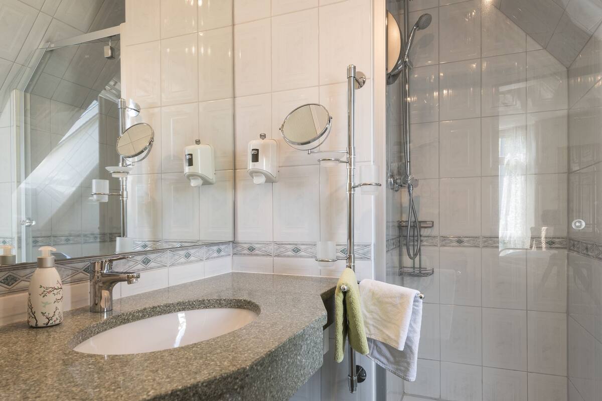 basic double room | bathroom | shower, hair dryer, towels, soap