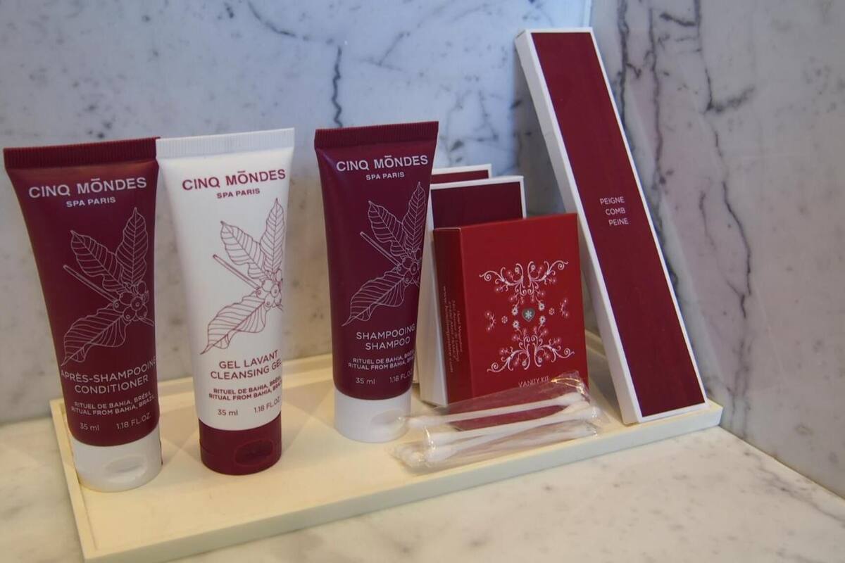 free toiletries, hair dryer, slippers, towels