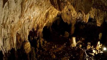 A cave interior with stalactites and stalagmites, dim lighting, and a rough, rocky floor.