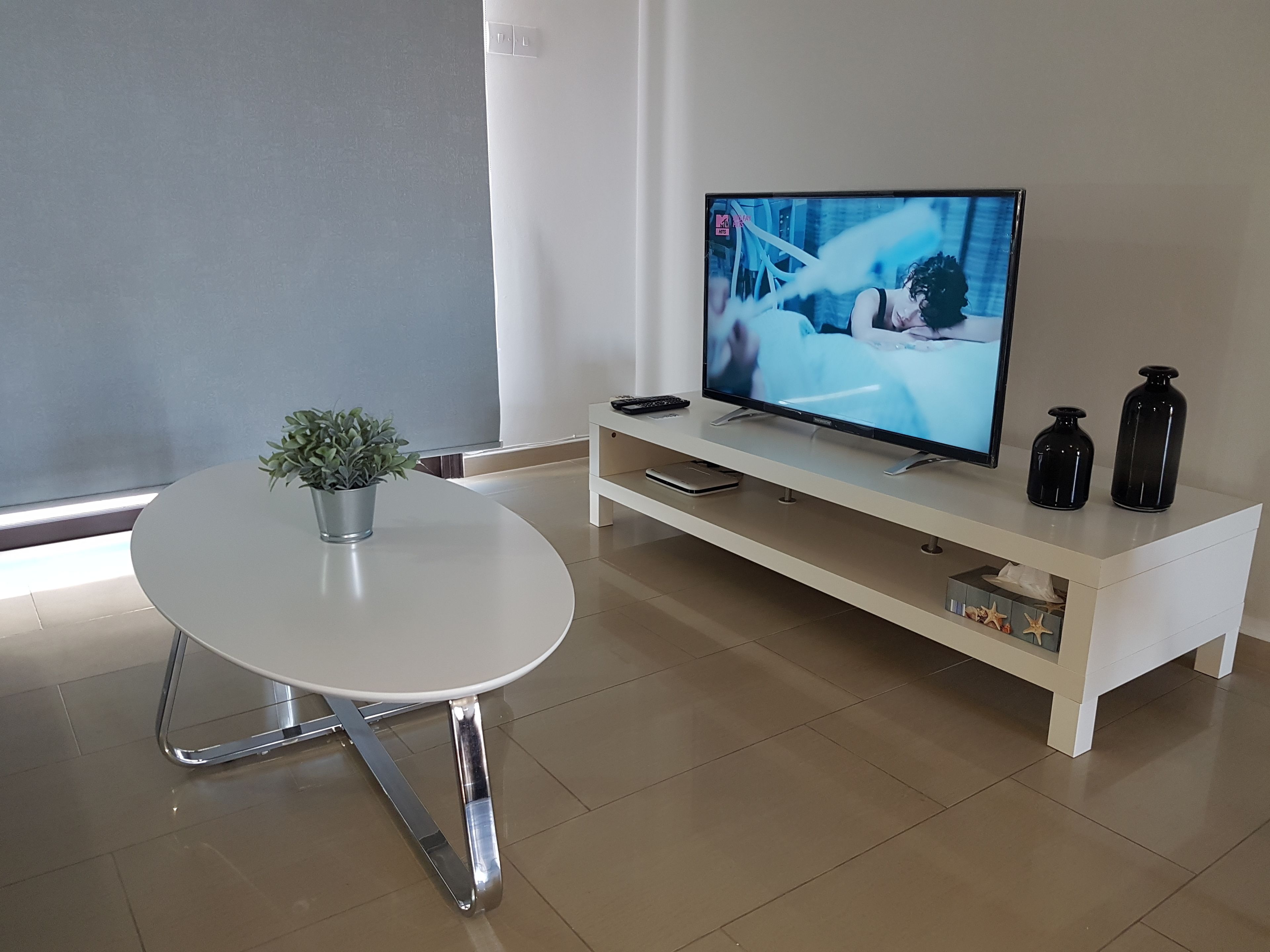 Een moderne woonkamer met een flatscreen televisie op een witte standaard, een klein tafeltje met een potplant en een witte kast met decoratieve objecten.