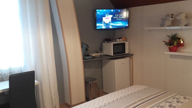 A compact hotel room with a television displaying a French program, a microwave, a small refrigerator, a dining table, and a potted plant.