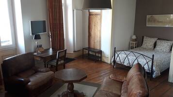 A cozy room with a bed, two sofas, a small table, and a TV.