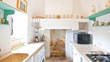 Traditioneel appartement, 2 slaapkamers, kitchenette, uitzicht op tuin | Privékitchenette | Een koelkast, een kookplaat, kookgerei, borden en bestek