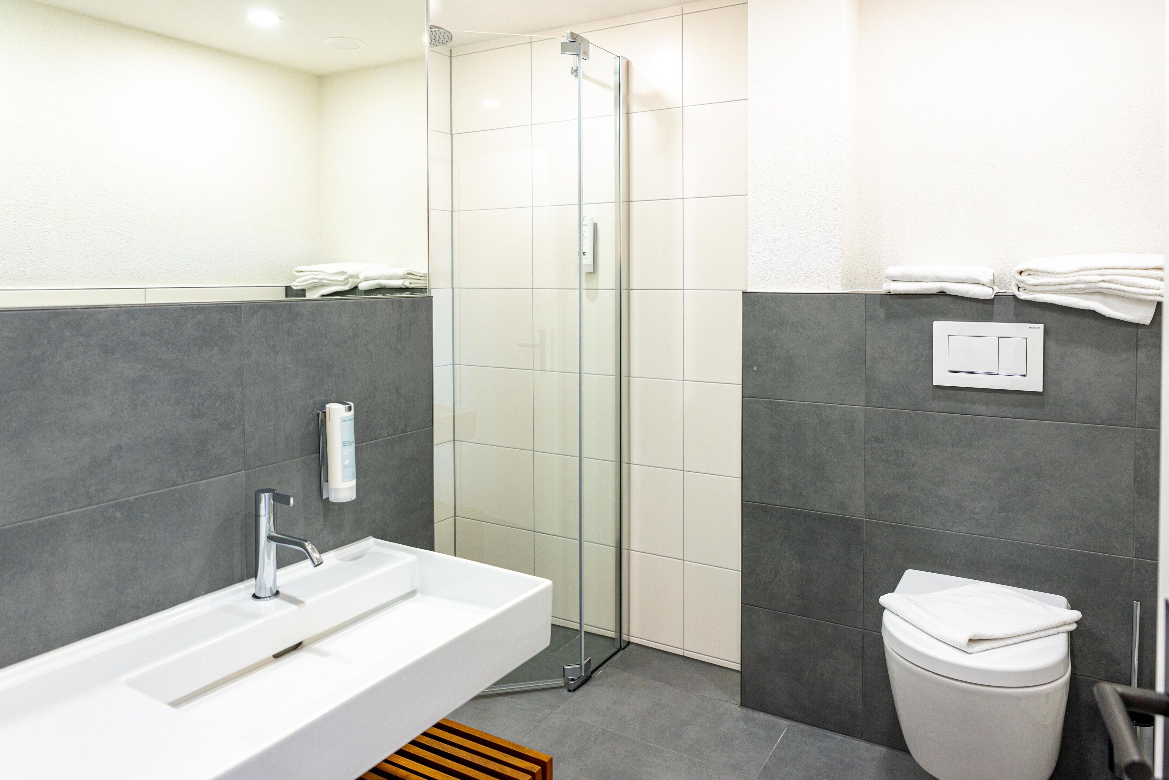 A modern bathroom with a glass-enclosed shower, a white sink, and a toilet.