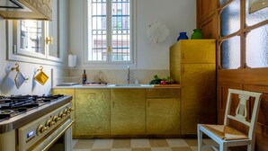 A kitchen with a gas stove, a sink, and a wooden cabinet. - Ca' del Ramo D'oro (Venice)