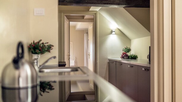 A narrow kitchen with a sink, cabinets, and a light fixture. - Kandinskij House (Venice)