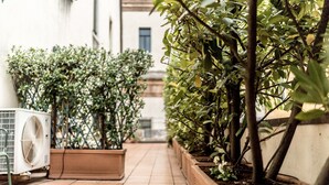 Un estrecho pasillo exterior con plantas en macetas y un equipo de aire acondicionado.