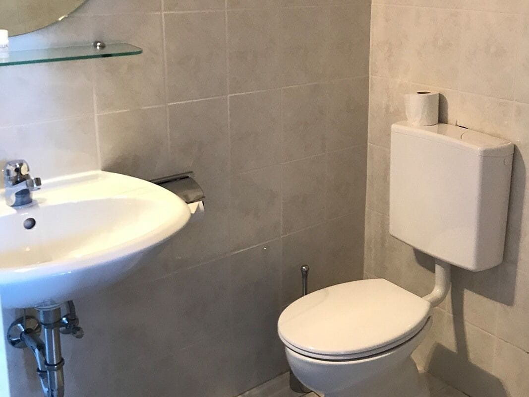 A bathroom with a white sink, toilet, and a glass shelf above the sink.