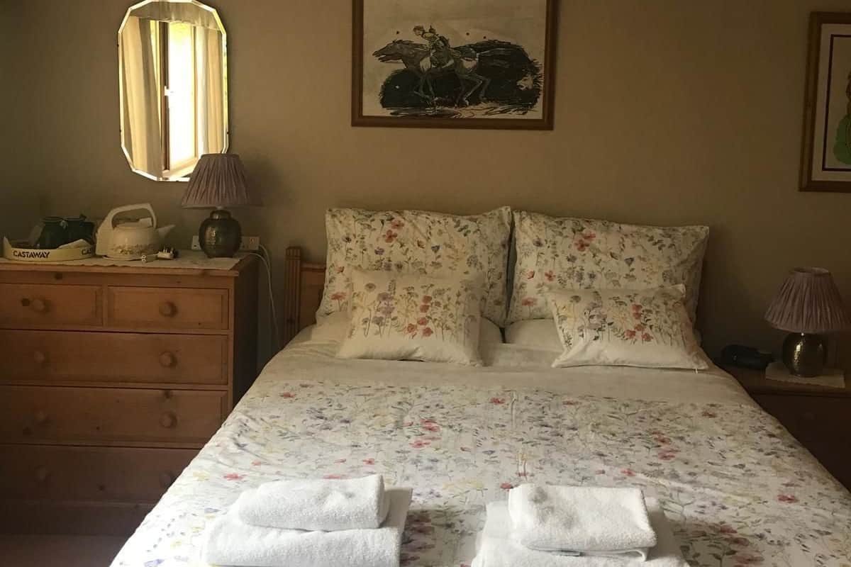 A bedroom with a bed, floral bedding, a nightstand, a dresser, a mirror, and a ceiling light.