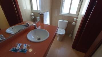 Un baño con lavamanos, espejo, inodoro y ventana.