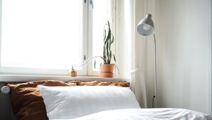 Een net opgemaakt bed met wit en bruin beddengoed, een potplant op de vensterbank en een vloerlamp naast het bed.