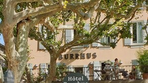 Un hotel llamado "Hôtel Burrhus" con terraza exterior y un árbol en la fachada.