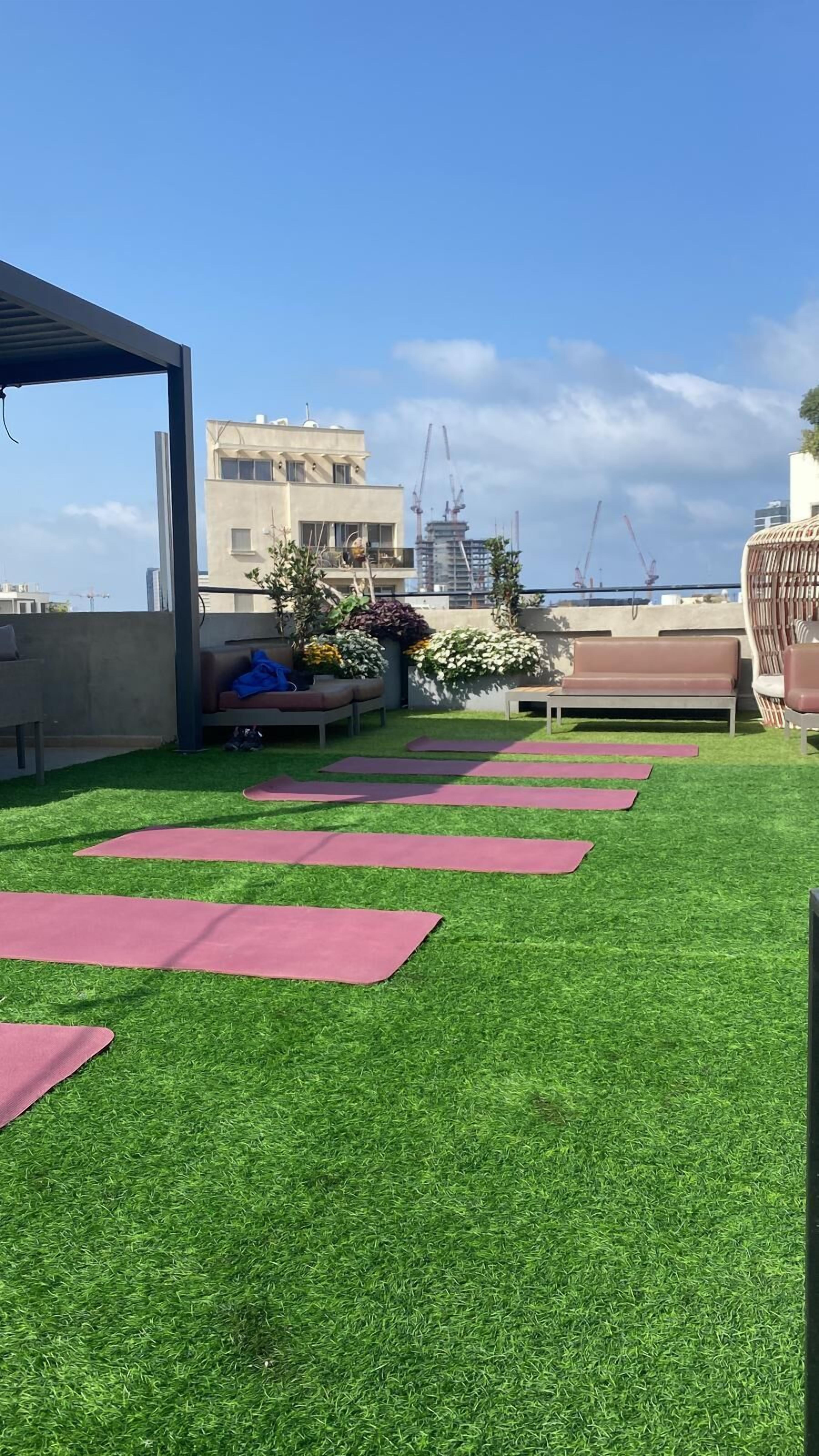 Terraza en la azotea con césped artificial, colchonetas de yoga, zonas de estar y plantas en macetas.