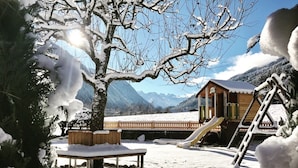 A wooden cabin with a slide, surrounded by snow-covered trees and mountains in the background. - Alpenhaus Monte (Neustift Im Stubaital)