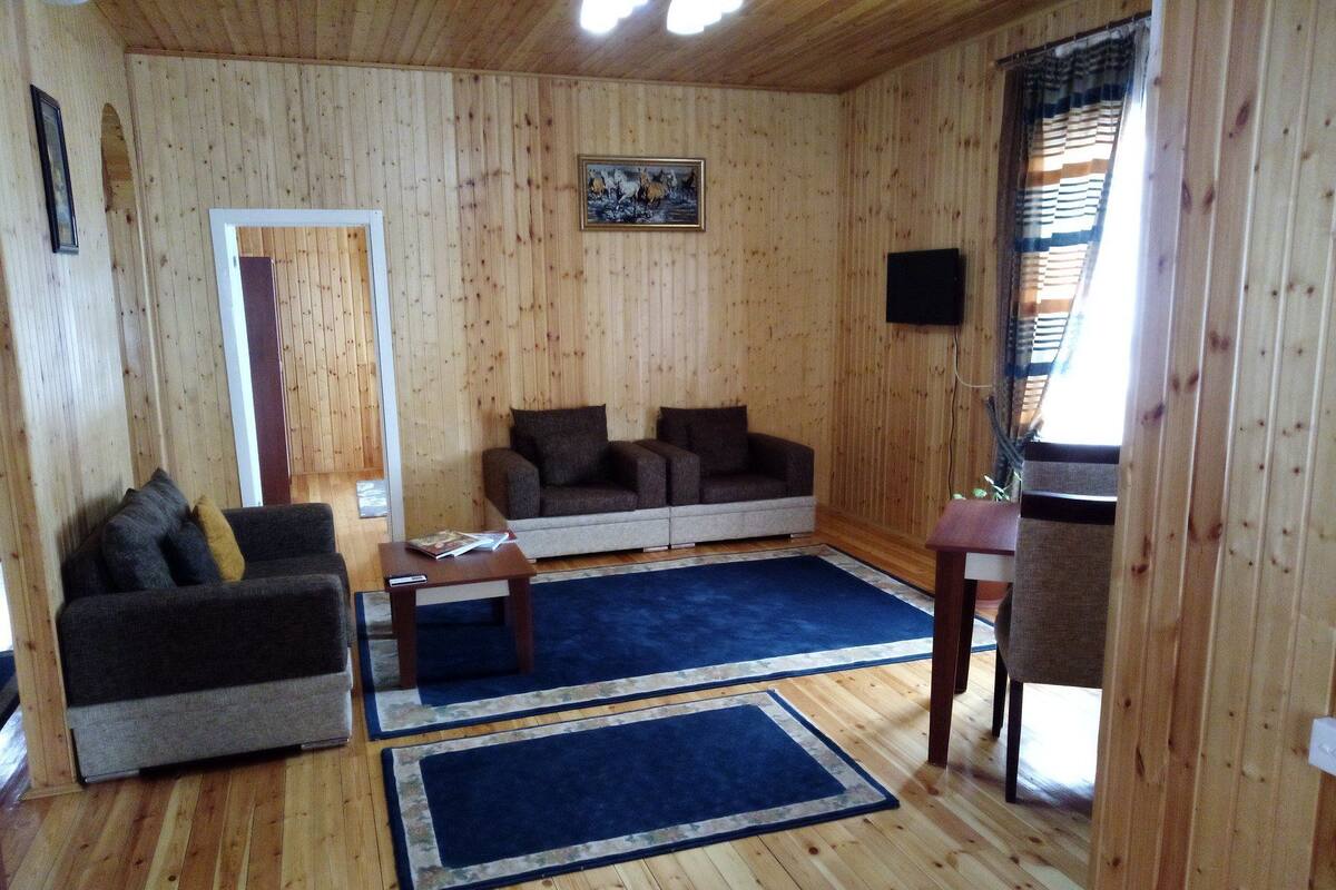 A wooden-paneled room with two sofas, a coffee table, and a rug.