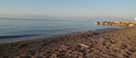En la playa, camastros, toallas de playa y 3 bares en la playa