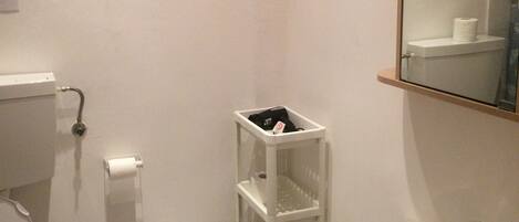 A bathroom with a toilet, bidet, and sink. There is a small shelf with toiletries and a mirror above the sink.