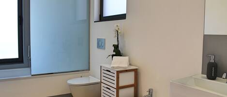 A modern bathroom with a toilet, sink, and a small cabinet with a plant.