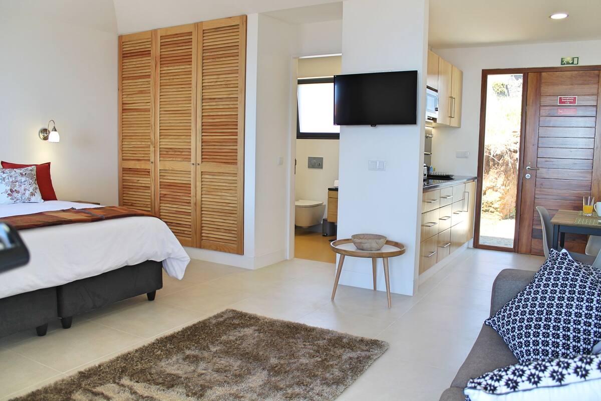 A bedroom with a bed, a wooden wardrobe, a TV, and a kitchen area with a table and chairs.