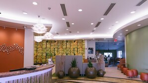 Un espace d’accueil moderne, doté d’un comptoir d’accueil incurvé, de grands pots de plantes et d’un mur orné de motifs.
