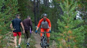Three people on a forest trail, one riding a mountain bike.