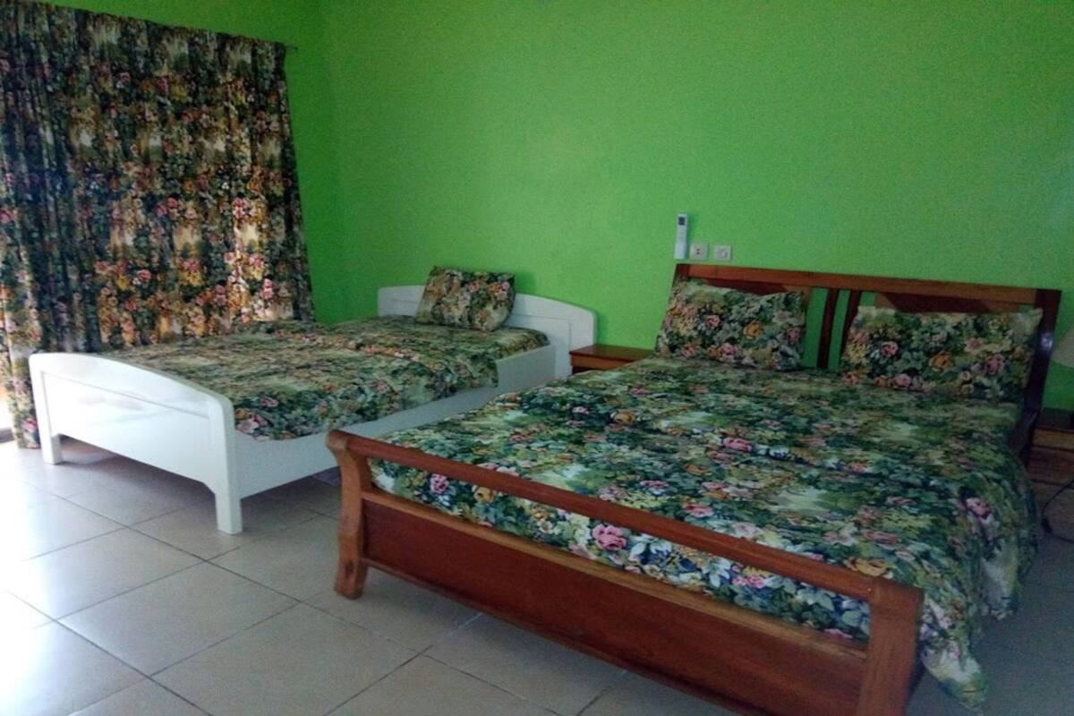 A bedroom with two single beds, a white bedside table, and a green wall.