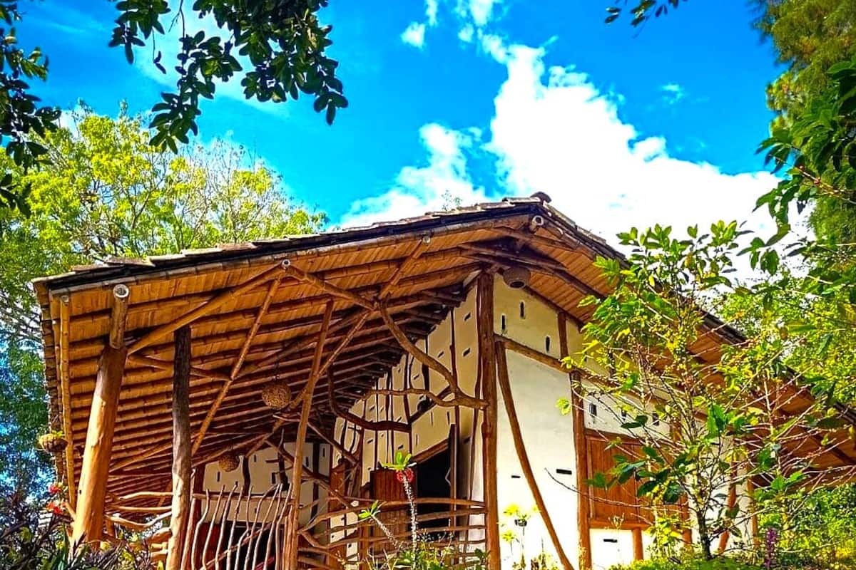 Una estructura rústica de madera con techo inclinado, rodeada de vegetación y un sendero de grava.