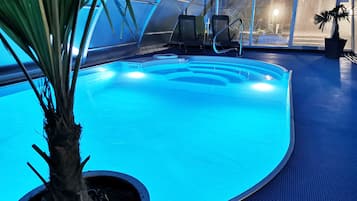 Seasonal outdoor pool, pool umbrellas, pool loungers