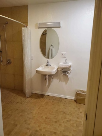 Combined shower/bathtub, towels. Colton Motel
