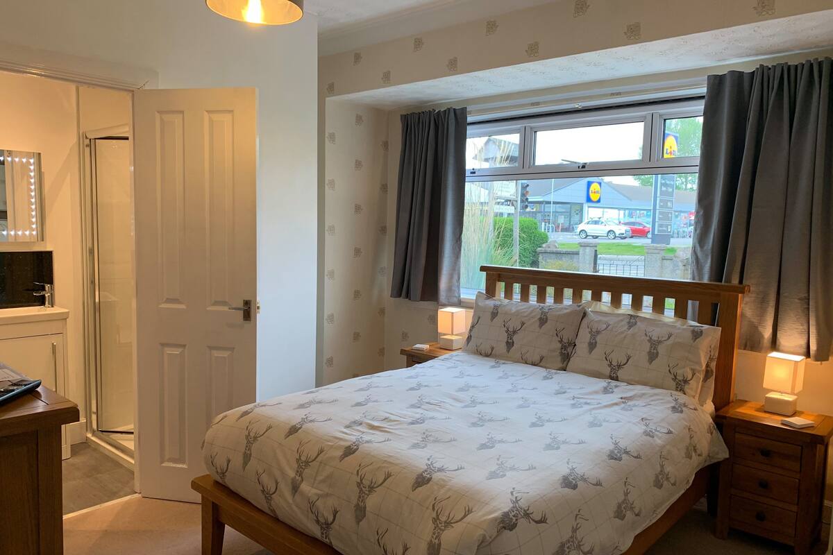 A bedroom with a bed, bedside tables, a window with curtains, a door, and a bathroom with a shower.