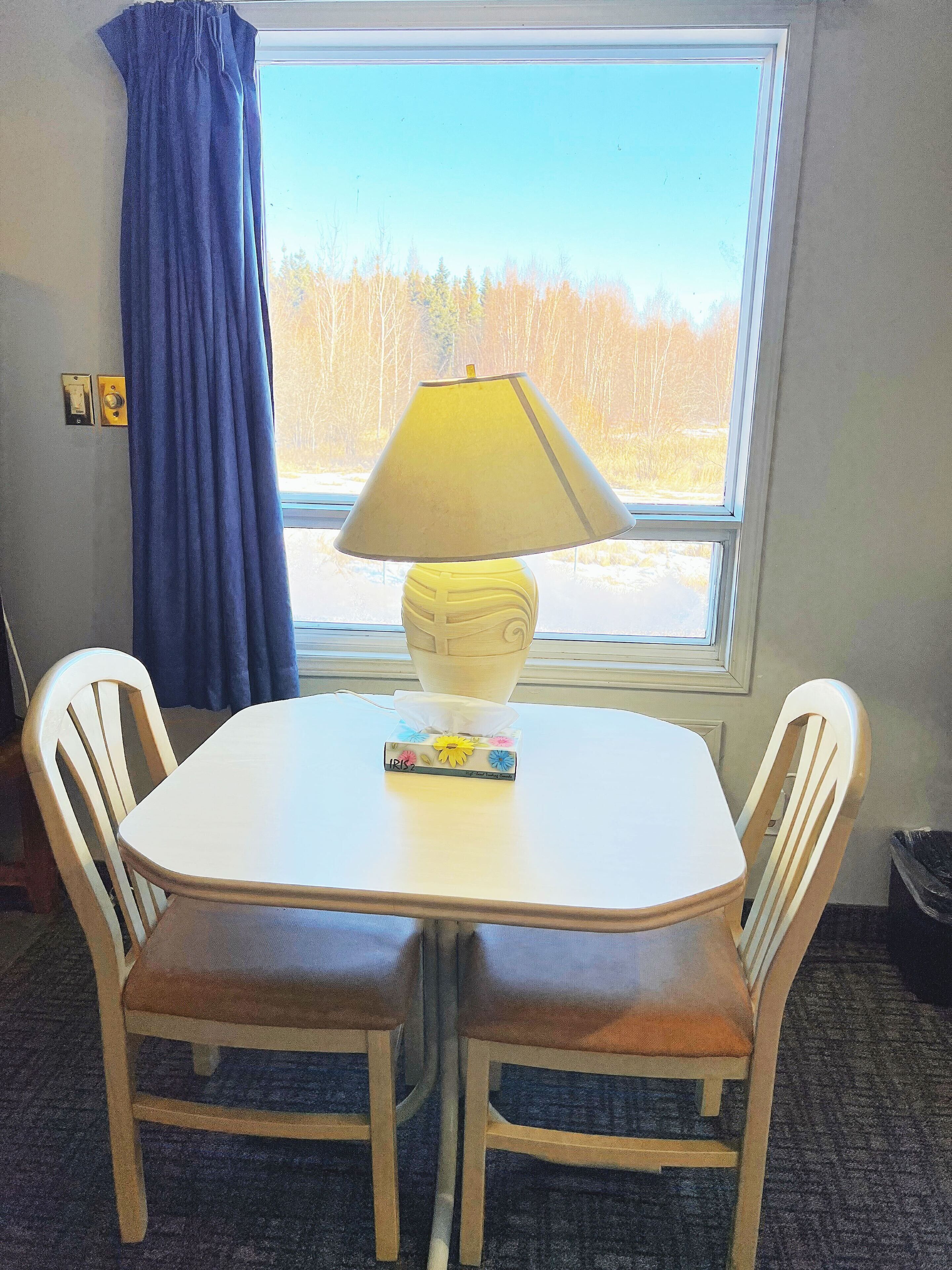 A small room with a table and two chairs, a window with a view of trees, a lamp, and a book on the table.