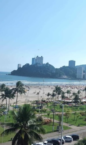 Une plage bordée de palmiers, avec une vue sur un paysage urbain et ses bâtiments.