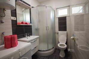 Douche, séchoir à cheveux, serviettes fournies, shampooing