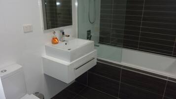 Hair dryer, towels, soap, shampoo