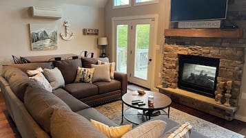 Smart TV, fireplace, video games, DVD player