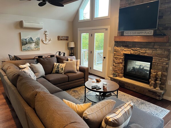 Smart TV, fireplace, video games, DVD player