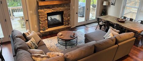 Smart TV, fireplace, video games, DVD player