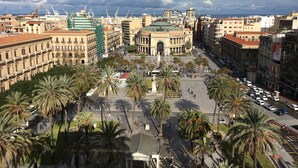 A cityscape with a prominent historical building surrounded by palm trees and modern buildings. - Yooroom (Palermo)