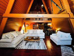 Smart TV, fireplace, DVD player, foosball