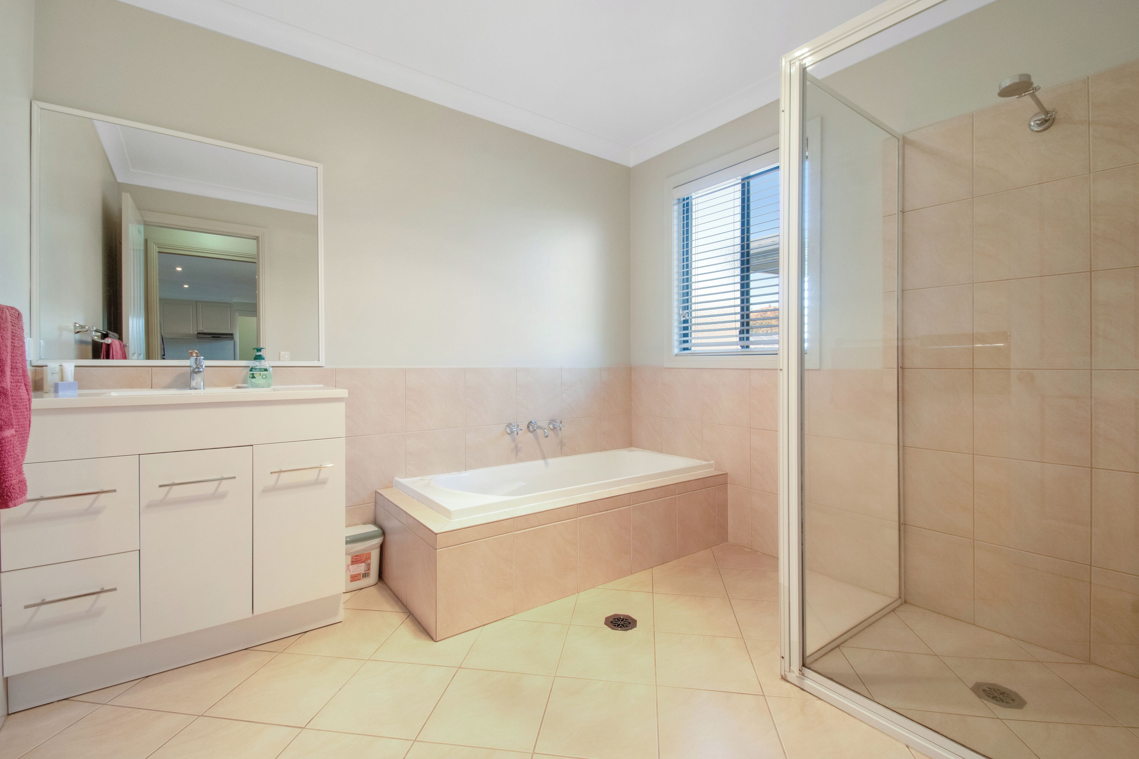 Combined shower/bathtub, hair dryer, towels, soap