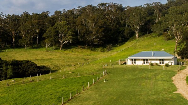 Une maison dotée d’une grande véranda à l’avant, entourée d’un terrain clôturé et d’une colline couverte d’herbe.