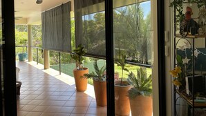 A balcony with large windows, potted plants, and a ceiling fan.