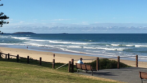 A beach with a wooden fence, a bench, and a person walking.