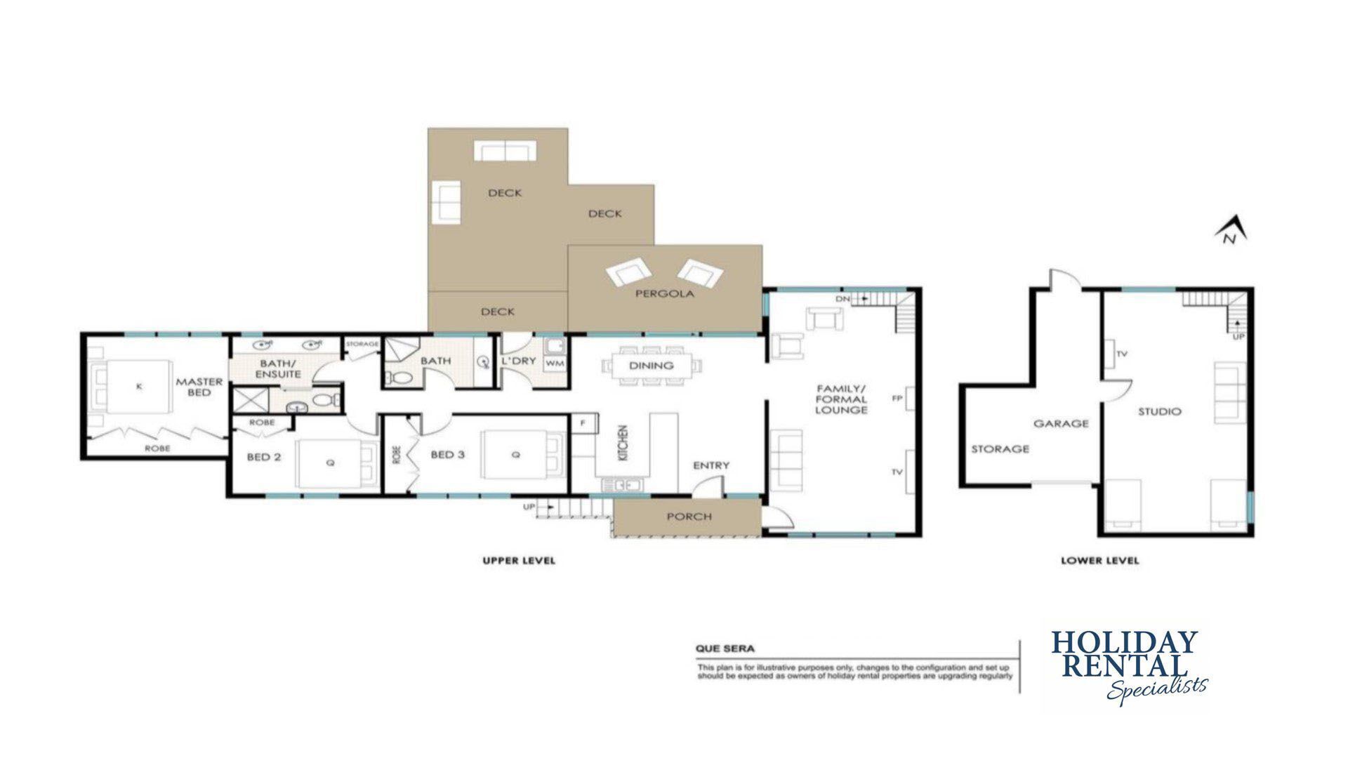 Grundriss einer Ferienwohnung mit Schlafzimmer, eigenem Bad, drei Schlafzimmern, Essbereich, Familien-/Wohnbereich, Garage und einem Studio.
