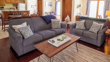 Smart TV, fireplace, DVD player, books
